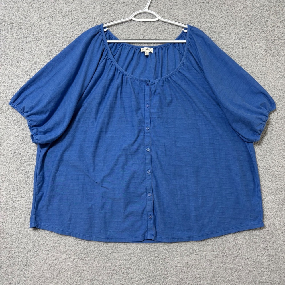 Comfort Casual Button Up Puff Sleeve Blouse 4X Everyday Cotton Blend Top